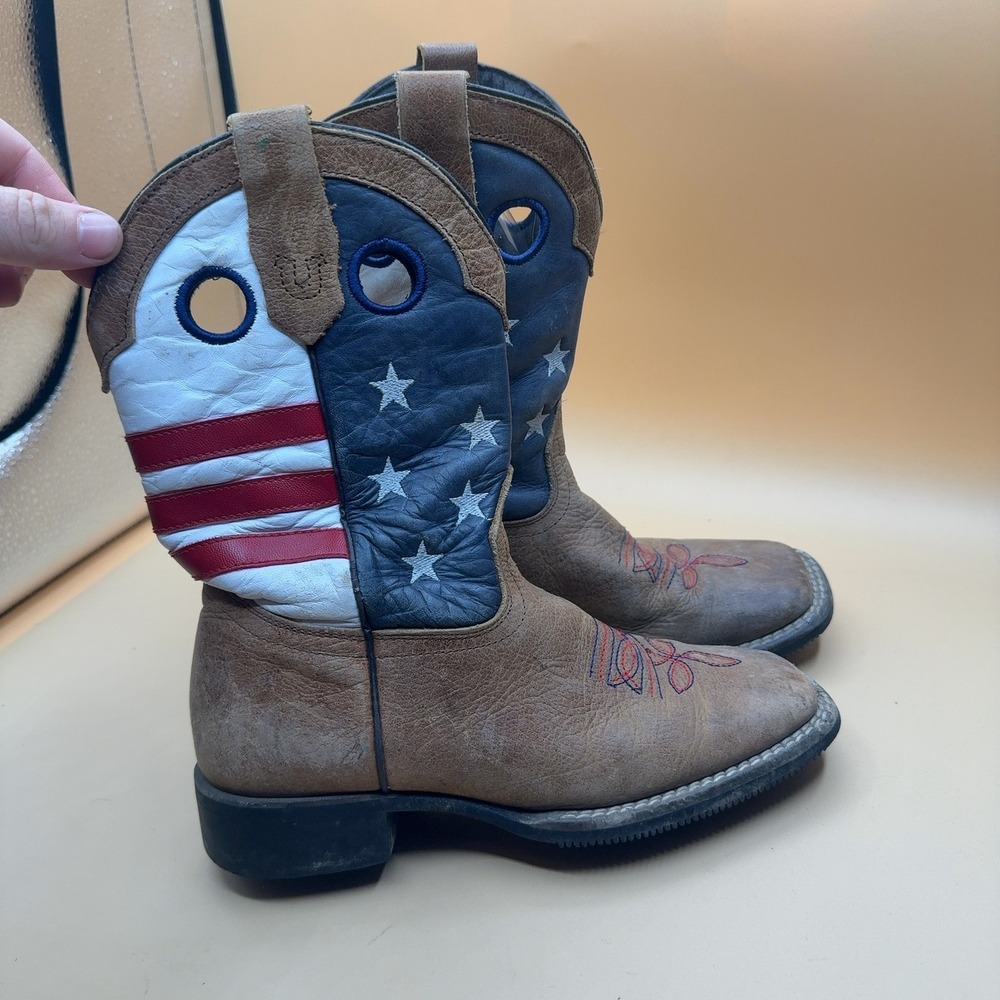 Kids Western Cowboy Boots American Flag Brown Leather Size 12C